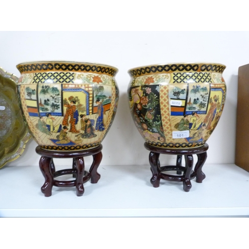 101 - Pair of oriental jardinières on stands, a hexagonal vase and a Benares brass tray.