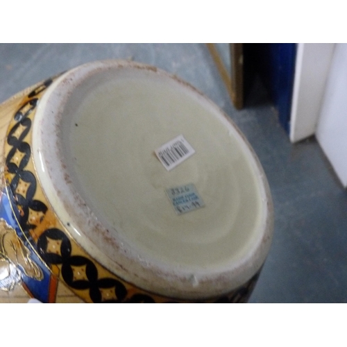 101 - Pair of oriental jardinières on stands, a hexagonal vase and a Benares brass tray.