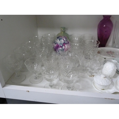 109 - Wedgwood leaf moulded condiment set, cut glass, flower vases etc (one shelf).