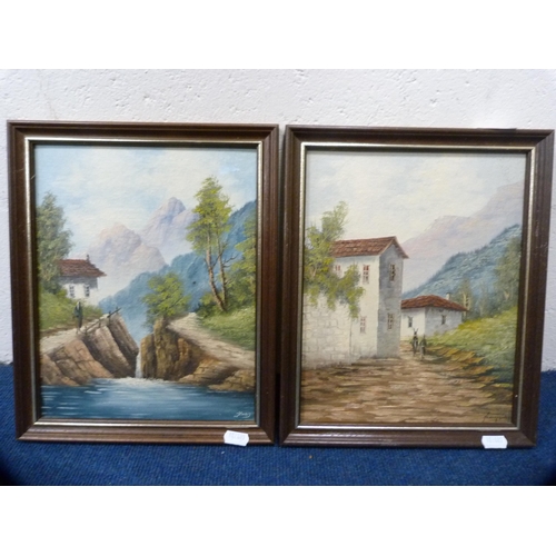 11 - Pair of modern continental-style oils depicting a landscape and a village scene.  (2)