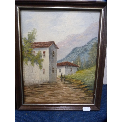 11 - Pair of modern continental-style oils depicting a landscape and a village scene.  (2)