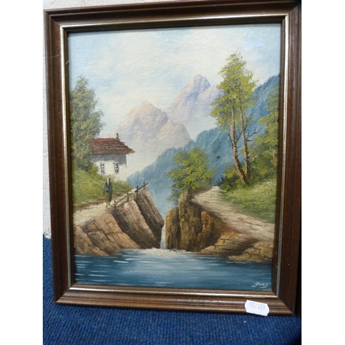 11 - Pair of modern continental-style oils depicting a landscape and a village scene.  (2)