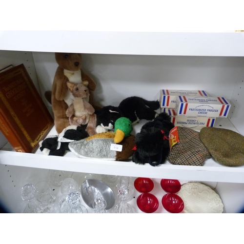 114 - Collection of soft toys, National Geographic Society Discovery book, cheese boxes etc (one shelf).