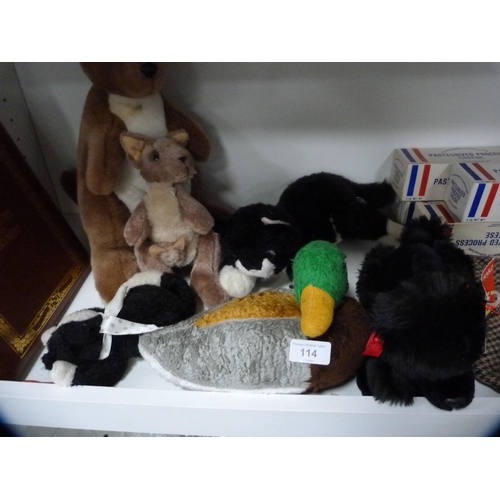 114 - Collection of soft toys, National Geographic Society Discovery book, cheese boxes etc (one shelf).