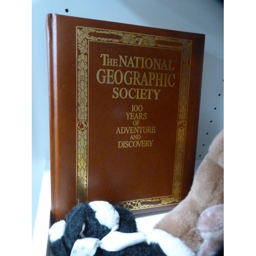 114 - Collection of soft toys, National Geographic Society Discovery book, cheese boxes etc (one shelf).