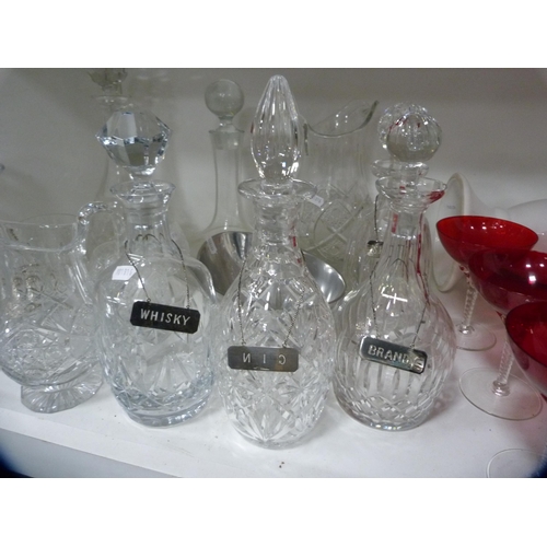 115 - Four various cut glass decanters with labels, cut glass water jug, vases, pair of small oriental gin... 