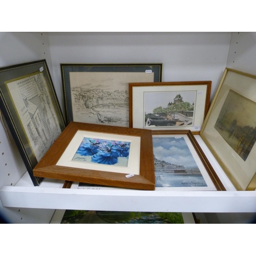 122 - Large quantity of various framed prints and pictures to include bridges, Paris etc (two shelves).