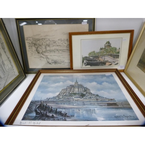 122 - Large quantity of various framed prints and pictures to include bridges, Paris etc (two shelves).