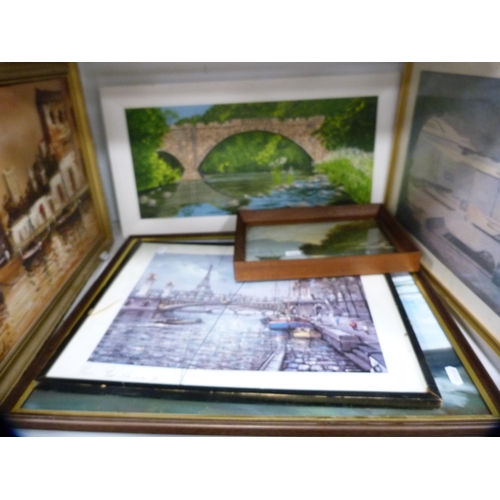 122 - Large quantity of various framed prints and pictures to include bridges, Paris etc (two shelves).