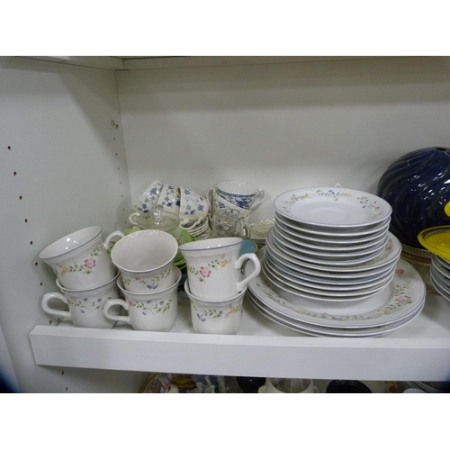 123 - Stoneware floral decorated part service, brass goblets, decanters, teawares etc (one shelf).