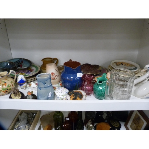 128 - Collector's plates, Maling leaf dish, water jug, figures etc (one shelf).