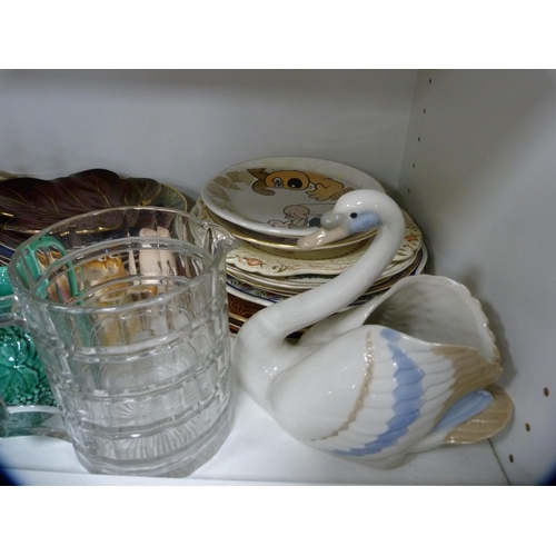 128 - Collector's plates, Maling leaf dish, water jug, figures etc (one shelf).