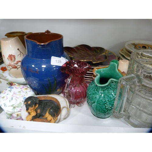 128 - Collector's plates, Maling leaf dish, water jug, figures etc (one shelf).