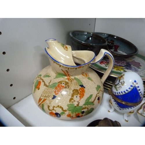 128 - Collector's plates, Maling leaf dish, water jug, figures etc (one shelf).