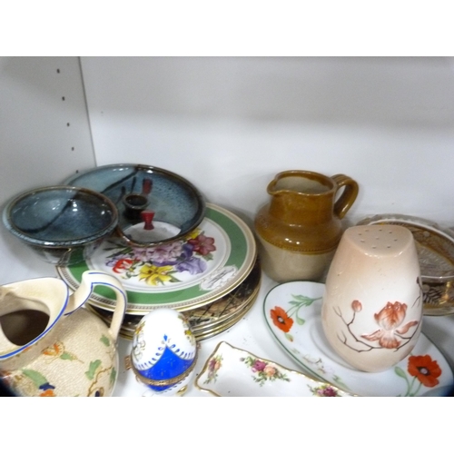 128 - Collector's plates, Maling leaf dish, water jug, figures etc (one shelf).