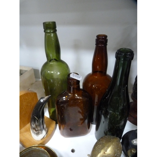 129 - Horse brasses, metalware, antique-type bottles, oak tankard etc (one shelf).