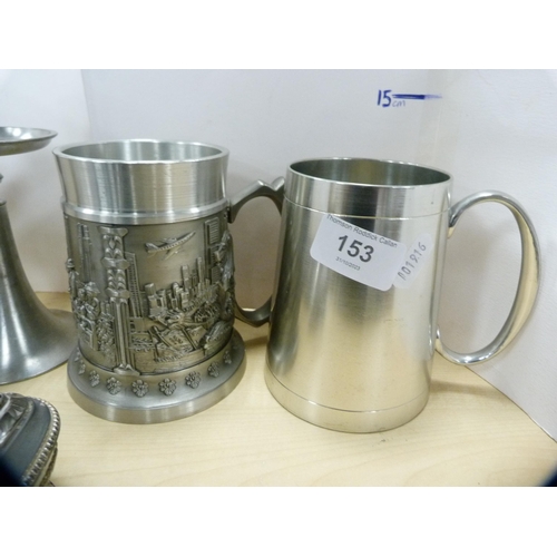 153 - Pair of pewter candlesticks, two tankards, Ronson lighter etc.