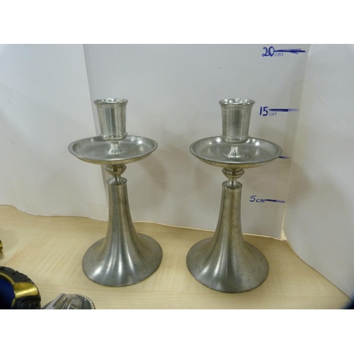 153 - Pair of pewter candlesticks, two tankards, Ronson lighter etc.