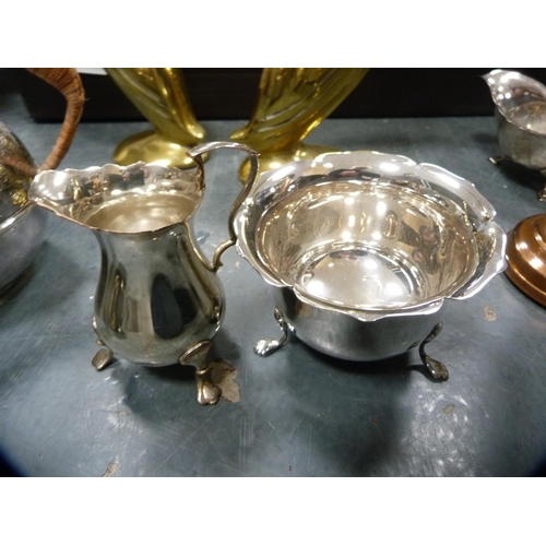 164 - Collection of metalware to include table pheasant, trays, tea set, dishes, tankards etc.