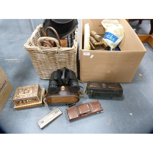 167 - Black top hat, leather bowling bag, binoculars, model vehicle, harmonica, cigarette box, Concorde mo... 