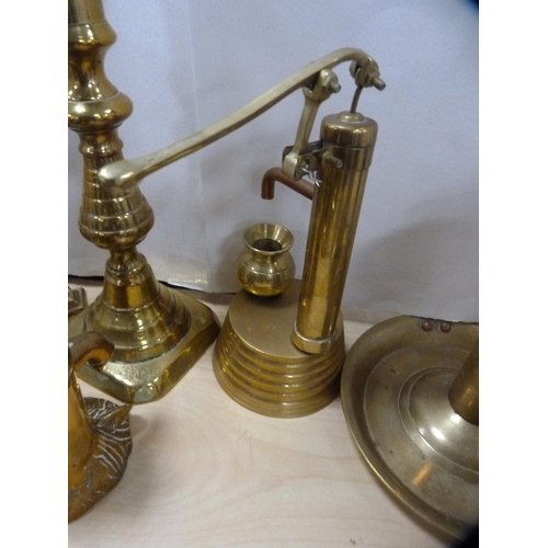 181 - Collection of brassware to include three pairs of candlesticks, chambersticks etc.