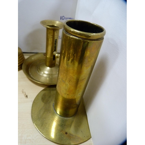 181 - Collection of brassware to include three pairs of candlesticks, chambersticks etc.