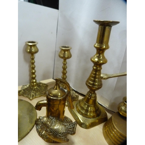 181 - Collection of brassware to include three pairs of candlesticks, chambersticks etc.