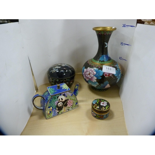 183 - Cloisonné miniature teapot, vase and two boxes and covers.