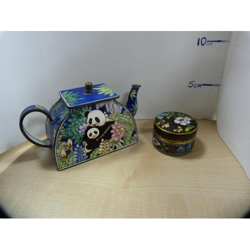 183 - Cloisonné miniature teapot, vase and two boxes and covers.