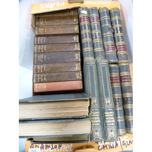 188 - Carton containing assorted antique and later books to include six leather half calf volumes of The S... 