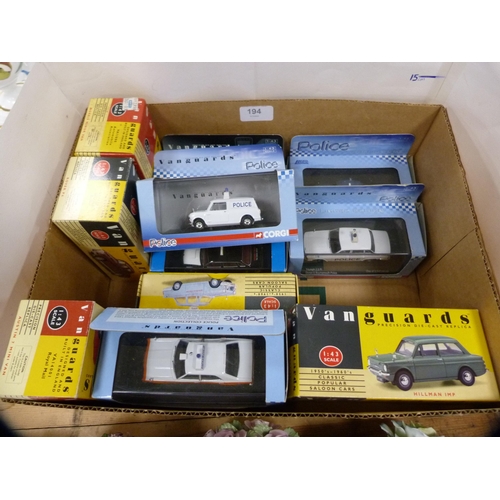 194 - Carton containing Vanguards diecast vehicles to include police vehicles, 1950s/60s saloon cars, vans... 