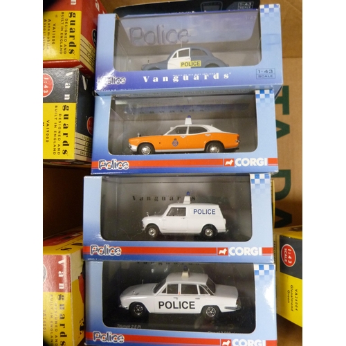 194 - Carton containing Vanguards diecast vehicles to include police vehicles, 1950s/60s saloon cars, vans... 