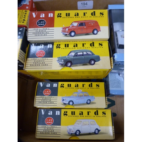 194 - Carton containing Vanguards diecast vehicles to include police vehicles, 1950s/60s saloon cars, vans... 