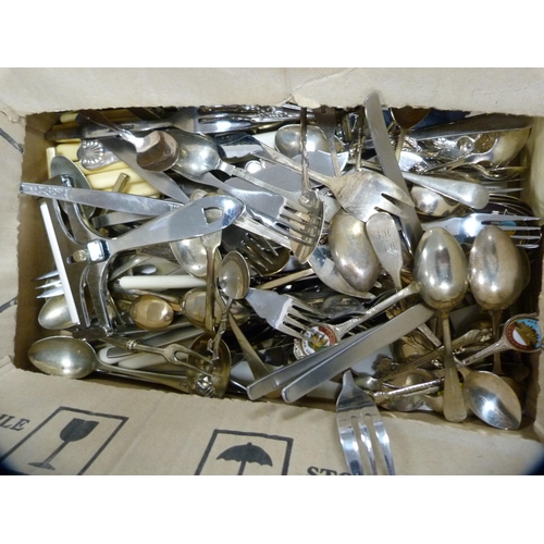 201 - Carton containing assorted EP cutlery and flatware, souvenir spoons etc.