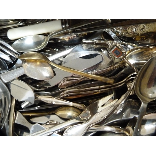 201 - Carton containing assorted EP cutlery and flatware, souvenir spoons etc.