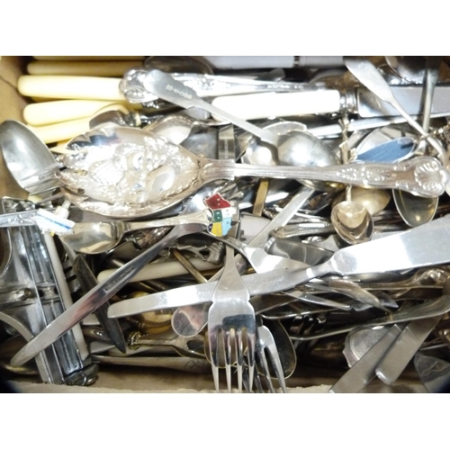 201 - Carton containing assorted EP cutlery and flatware, souvenir spoons etc.