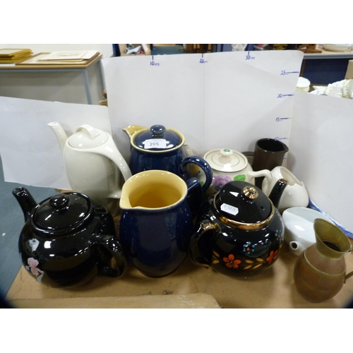 205 - Collection of assorted glazed teapots and jugs to include a Denby blue glazed jug etc.