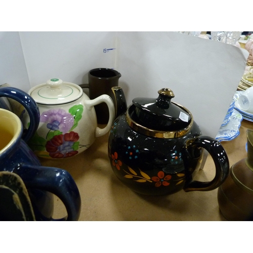 205 - Collection of assorted glazed teapots and jugs to include a Denby blue glazed jug etc.