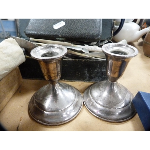 206 - Pair of white metal dwarf candlesticks with loaded bases, flatware, EP cutlery, boxed cutlery to inc... 