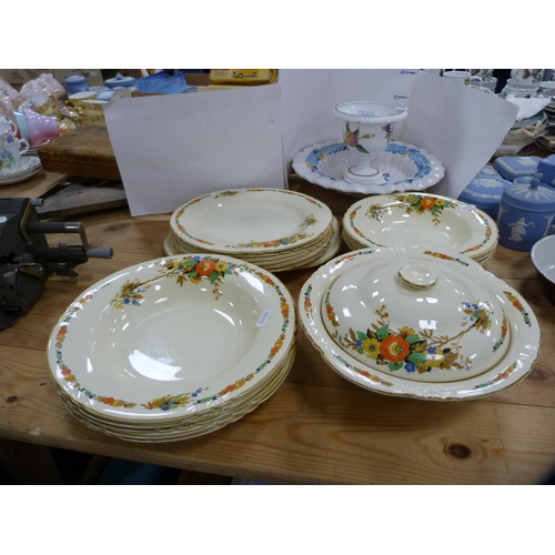 218 - Royal Worcester 'Ardennes' pattern stemmed cup, Delft dish (a/f) and a Woods Ivory Ware part dinner ... 