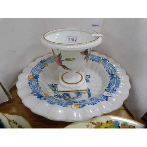 218 - Royal Worcester 'Ardennes' pattern stemmed cup, Delft dish (a/f) and a Woods Ivory Ware part dinner ... 