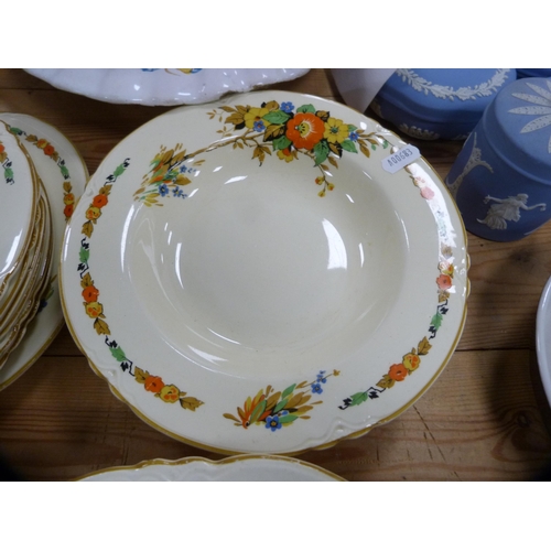 218 - Royal Worcester 'Ardennes' pattern stemmed cup, Delft dish (a/f) and a Woods Ivory Ware part dinner ... 