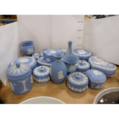 219 - Collection of Wedgwood blue Jasper ware to include trinket jars, vases etc.