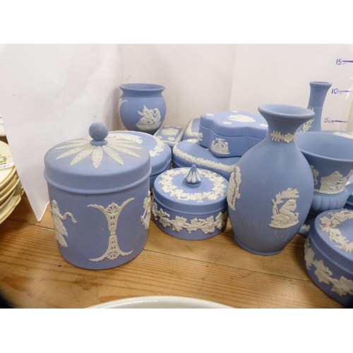 219 - Collection of Wedgwood blue Jasper ware to include trinket jars, vases etc.