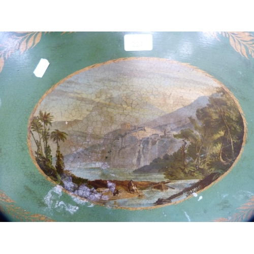 224 - Toleware Georgian-style green painted tray with pictorial scene to the centre.