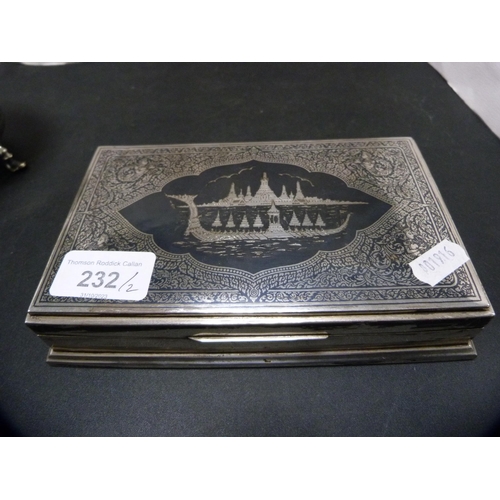 232 - Indian silver bidri-style cigarette box, made in Siam, and a silver plated preserve pot with spoon. ... 