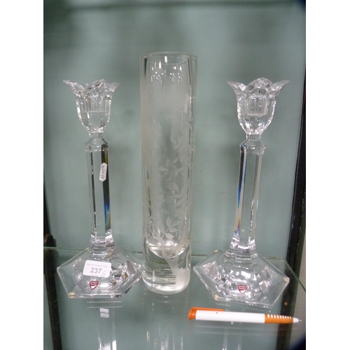 237 - Pair of Orrefors of Sweden glass candlesticks and a cylindrical glass vase with etched decoration.&n... 