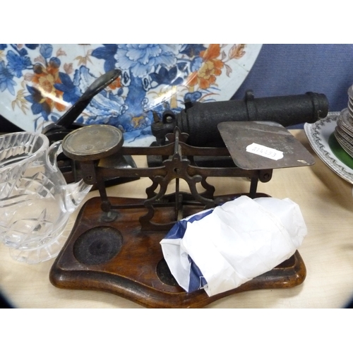 25 - Antique Japanese charger (a/f), three-piece EPNS tea set, set of postal scales, glassware, butter pa... 