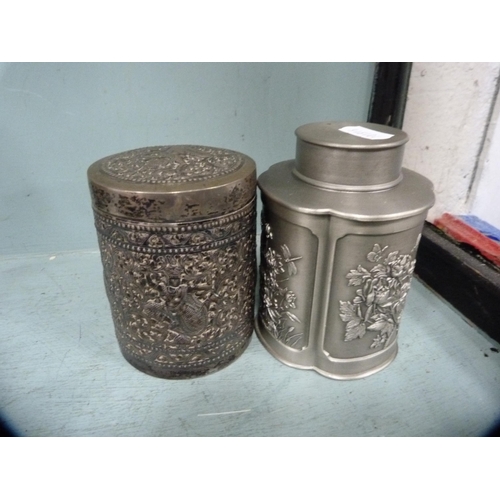 252 - White metal Indian-style napkin rings, oriental pewter vase and antique caddy, marked for Selangor P... 