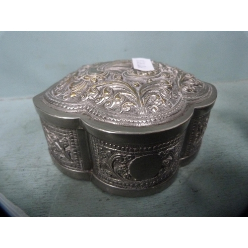 252 - White metal Indian-style napkin rings, oriental pewter vase and antique caddy, marked for Selangor P... 